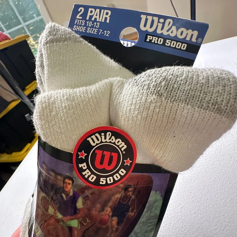 VTG Wilson Pro 5000 Crew Socks Vintage 90s White Grey Cotton Blend 2 Pair 10-13